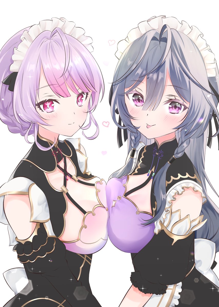 2girls, :p, ahoge, apron, black_bow, black_corset, black_dress, bow