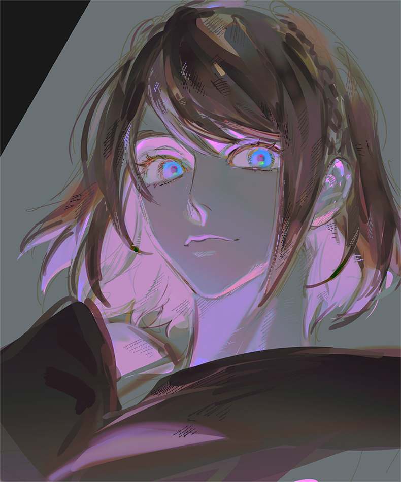 1girl, athena_(ff14), blue_eyes, brown_hair, final_fantasy, final_fantasy_xiv, grey_background, looking_at_viewer