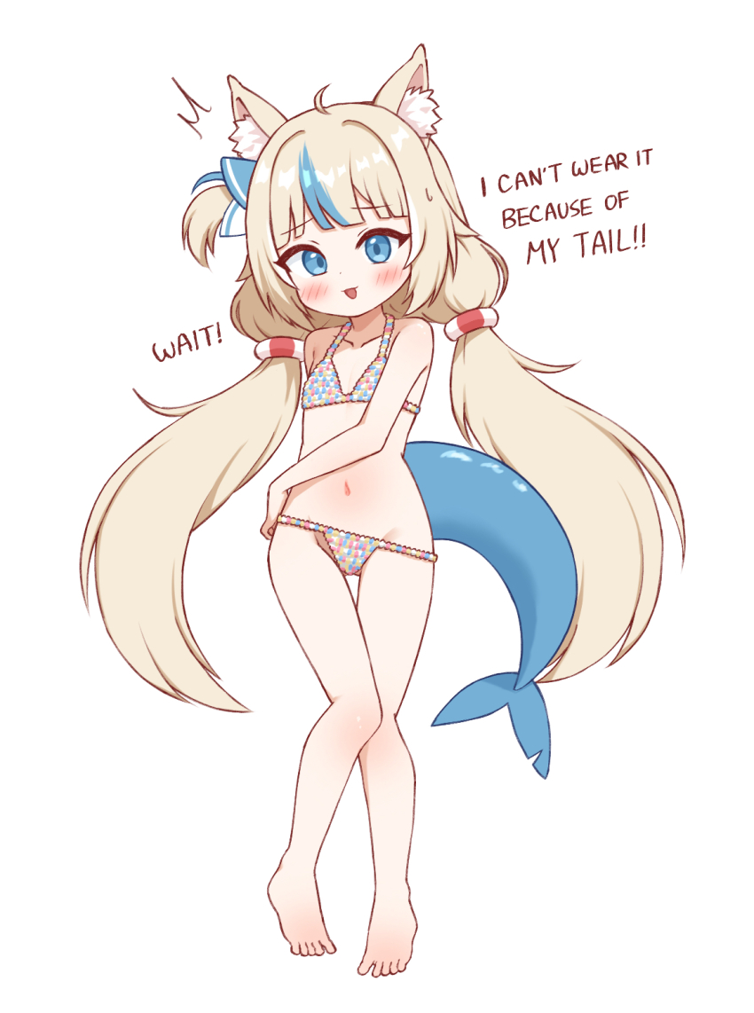 1girl, animal_ear_fluff, animal_ears, barefoot, bikini, blonde_hair, blue_eyes, blue_streaks, blush, cat_ears, english_text, feet, fins, fish_tail, full_body, gba_jasjas, gluteal_fold, highres, indie_virtual_youtuber, legs, lifebuoy_hair_ornament, loli, long_hair, low_twintails, lowleg, lowleg_bikini, multicolored_hair, navel, one_side_up, open_mouth, sameko_saba, solo, standing, streaked_hair, swimsuit, tail, thigh_gap, thighs, toes, twintails, virtual_youtuber