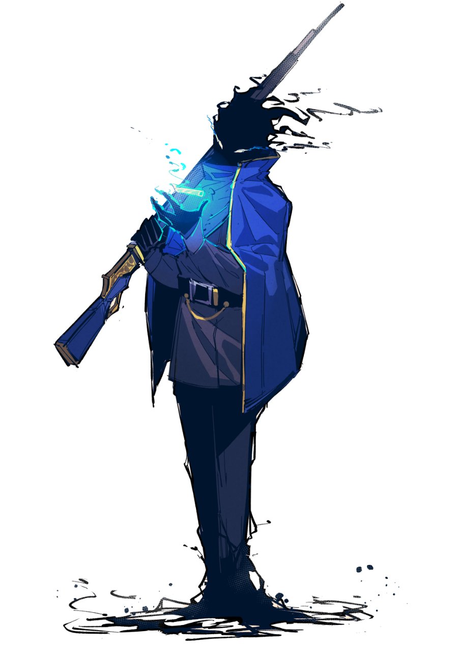 1boy, belt, belt_buckle, black_belt, black_fire, black_skin, black_tunic, blue_cloak, buckle, bullet, cloak, colored_skin, der_freischuetz_(project_moon), energy, energy_bullet, eye_trail, fire, flaming_head, full_body, glowing, glowing_eyes, gold_trim, gun, hand_up, high_collar, highres, holding, holding_gun, holding_weapon, legs_together, light_trail, lobotomy_corporation, long_sleeves, looking_at_object, male_focus, object_floating_above_hand, over_shoulder, project_moon, rifle, sabaage, simple_background, solo, standing, tunic, weapon, weapon_over_shoulder, white_background, white_eyes