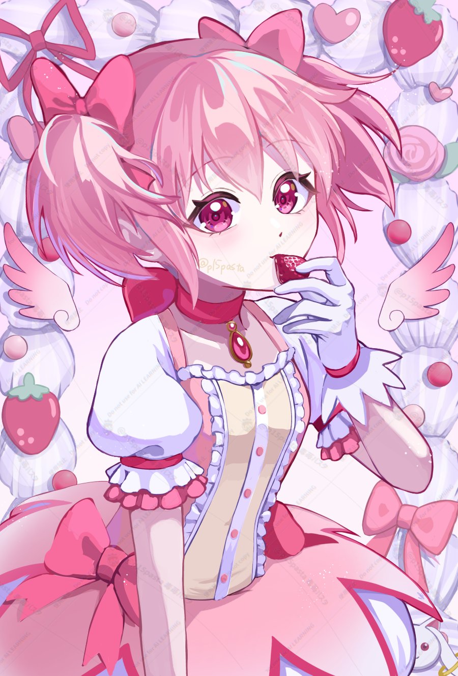 1girl, bow, dokuichigo_pasta, dress, flower, food, frilled_dress, frills, fruit, gloves, hair_bow, heart, highres, holding, holding_food, holding_fruit, kaname_madoka, kaname_madoka_(magical_girl), kyubey, looking_at_viewer, mahou_shoujo_madoka_magica, mahou_shoujo_madoka_magica_(anime), medium_hair, pink_bow, pink_dress, pink_eyes, pink_flower, pink_hair, pink_rose, puffy_short_sleeves, puffy_sleeves, red_ribbon, ribbon, rose, short_sleeves, soul_gem, strawberry, twintails, white_gloves