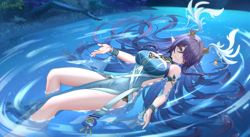 1girl, absurdres, antler_ornament, antlers, bare_shoulders, blue_dress, blue_eyes, breasts