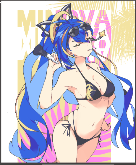 1girl, alternate_costume, armpits, bare_shoulders, baseball_bat, bikini, black_bikini, blonde_hair, blue_hair, breasts, character_name, cleavage, commentary, cowboy_shot, double-parted_bangs, english_commentary, eyewear_on_head, halterneck, holding, holding_baseball_bat, holding_behind_back, long_hair, looking_at_viewer, medium_breasts, minova_(stella_sora), multicolored_hair, navel, pink_background, ponytail, purple_eyes, screencap, side-tie_bikini_bottom, solo, split_ponytail, stella_sora, stilltiredngl, stomach, streaked_hair, string_bikini, sunglasses, swimsuit, two-tone_background, very_long_hair, yellow_background