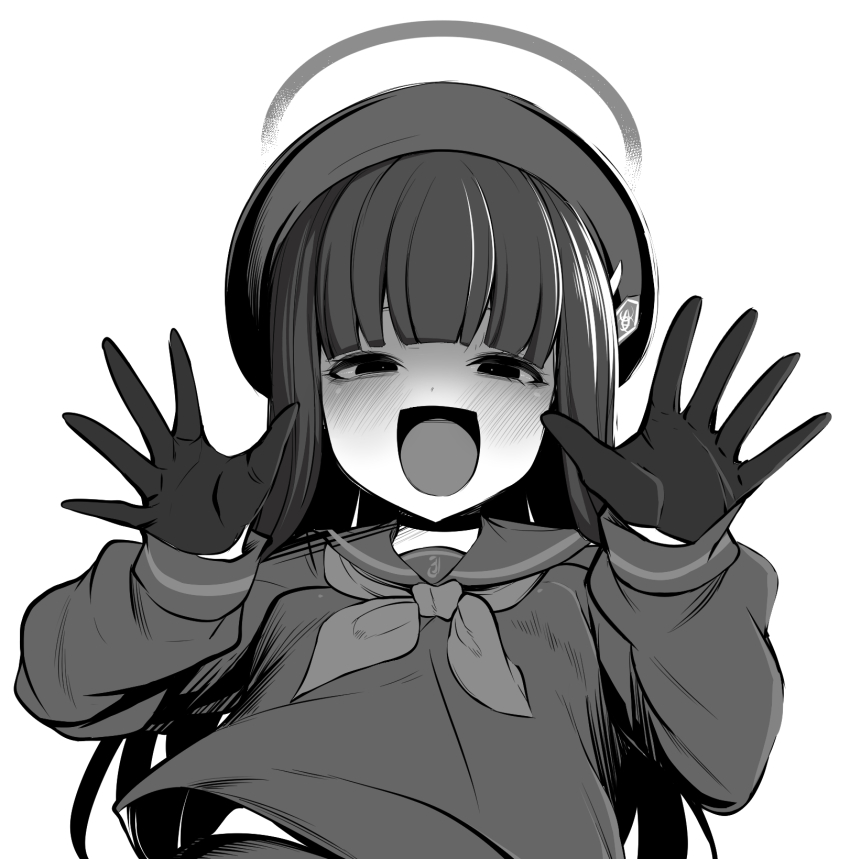 1girl, beret, blue_archive, gloves, greyscale, half-closed_eyes, halo, hands_up