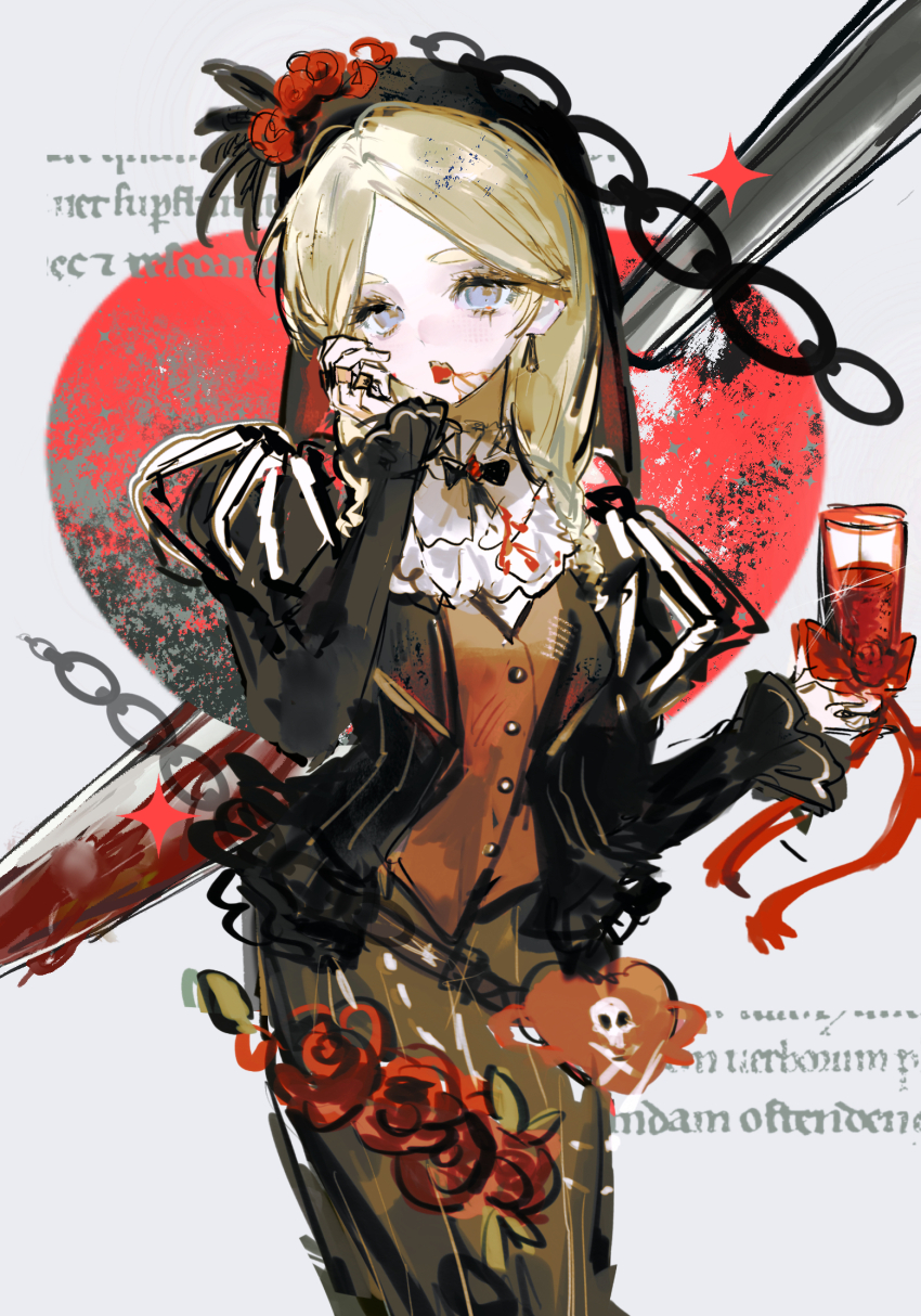 1girl, anne_lester, blonde_hair, blood, blue_eyes, blush, bow, bowtie