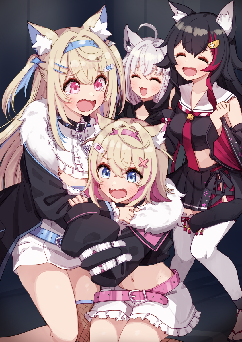 4girls, absurdres, ahoge, animal_ear_fluff, animal_ears, aqua_belt, aqua_eyes, aqua_hair