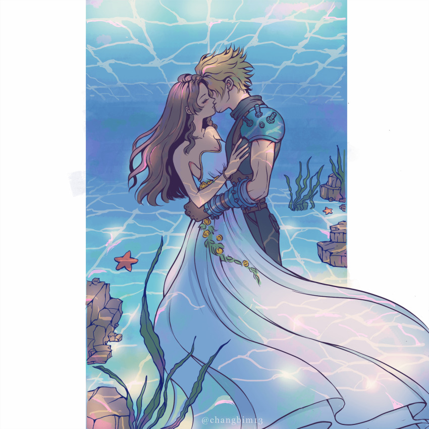 1boy, 1girl, aerith_gainsborough, aerith_gainsborough_(white_floral_dress), armor, armored_gloves, bandaged_arm, bandages, bare_shoulders, belt, blonde_hair, border, bracelet, breasts, brown_belt, brown_gloves, brown_hair, changbim13, cleavage, closed_eyes, cloud_strife, couple, dress, dress_flower, final_fantasy, final_fantasy_vii, final_fantasy_vii_rebirth, final_fantasy_vii_remake, flower, gloves, gold_trim, hand_on_another's_chest, hand_on_another's_waist, hetero, highres, jewelry, kiss, long_dress, long_hair, medium_breasts, official_alternate_costume, parted_bangs, pauldrons, seaweed, short_hair, shoulder_armor, sidelocks, single_pauldron, sleeveless, sleeveless_turtleneck, starfish, strapless, strapless_dress, suspenders, turtleneck, twitter_username, underwater, wavy_hair, white_border, white_dress, yellow_flower