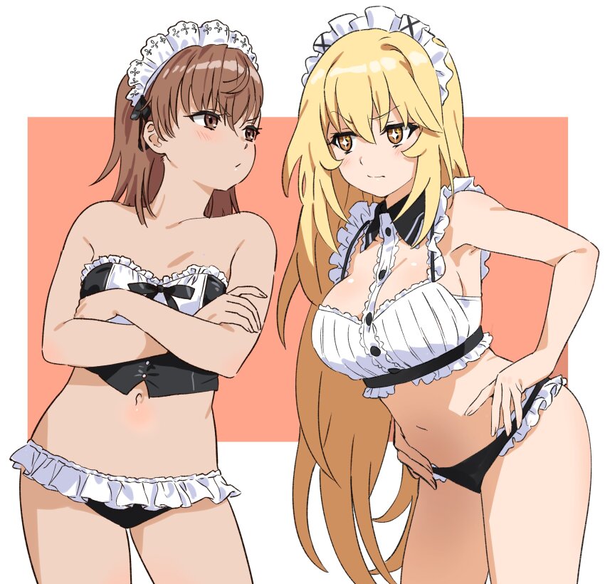 2girls, absurdres, annoyed, asdf_4532, bare_shoulders, bikini, blonde_hair, breasts, brown_hair, crossed_arms, face-to-face, hands_on_own_hips, highres, large_breasts, long_hair, looking_at_another, maid, maid_bikini, maid_headdress, misaka_mikoto, multiple_girls, navel, shokuhou_misaki, short_hair, swimsuit, toaru_kagaku_no_railgun, toaru_majutsu_no_index, unconventional_maid