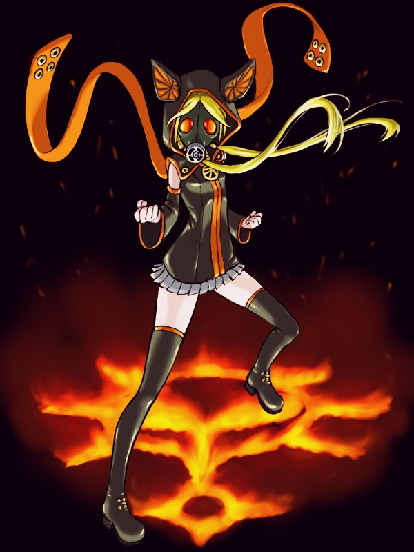 animal_ears, blonde_hair, fire, gas_mask, hood, mask, psyren, tenjuin_frederica