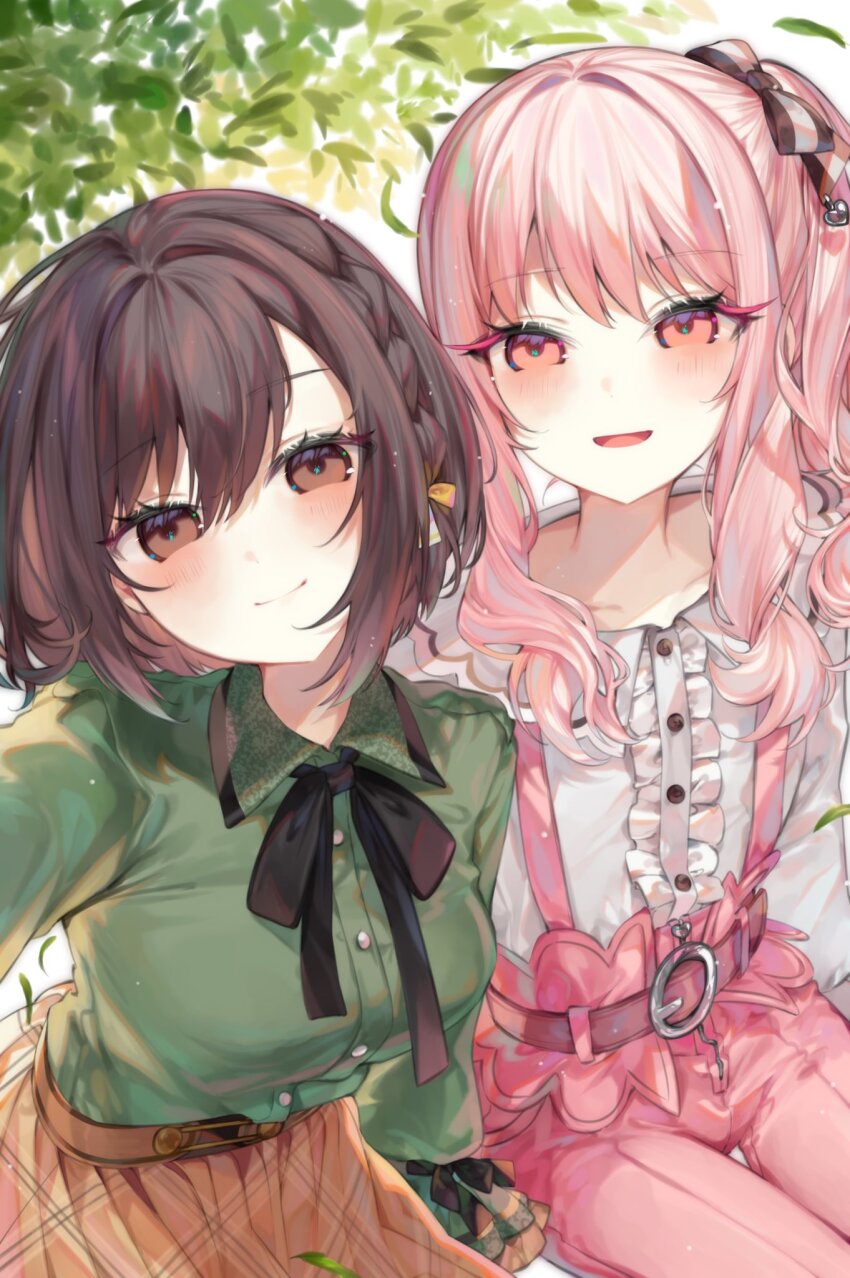 1girl, 1other, :d, aimi_(mimi_nii2), akiyama_mizuki, arm_support, belt, black_bow