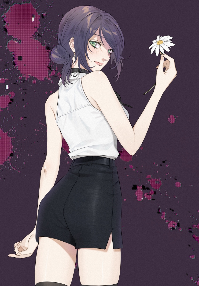 1girl, absurdres, black_choker, black_shorts, chainsaw_man, choker, closed_mouth, flower