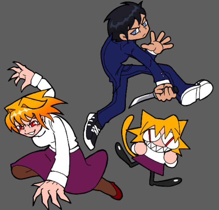 1boy, 2girls, ahoge, animal_ears, arcueid_brunestud, black_hair, blonde_hair, blue_eyes, blush, casinobunbun, cat_ears, cat_girl, cat_tail, chibi, chibi_inset, dual_persona, fingernails, floating_clothes, floating_hair, hair_intakes, holding, holding_knife, holding_weapon, knife, looking_at_viewer, melty_blood, multiple_girls, mystic_eyes_of_death_perception, nanatsu-yoru, neco-arc, pantyhose, red_eyes, red_shoes, school_uniform, sharp_fingernails, sharp_teeth, shoes, short_hair, smile, sweater, tail, teeth, tohno_shiki, tsukihime, turtleneck, turtleneck_sweater, weapon, white_sweater