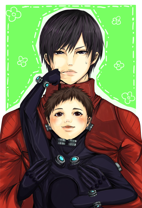 00s, 2boys, black_hair, blush, child, gantz, gantz_suit, multiple_boys