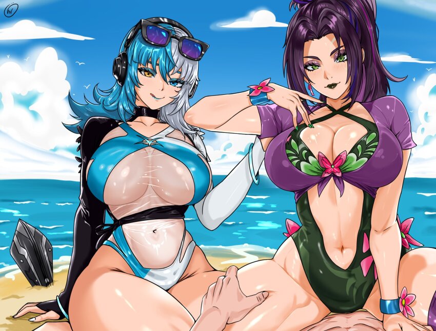 2girls, blue_eyes, blue_hair, breasts, butterfly_ornament, cleavage, eyewear_on_head, green_one-piece_swimsuit