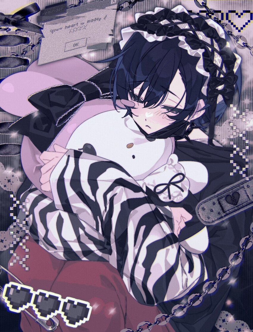 1boy, bandaid, black_bow, black_hair, blush_stickers, bow, charisma_house, commentary