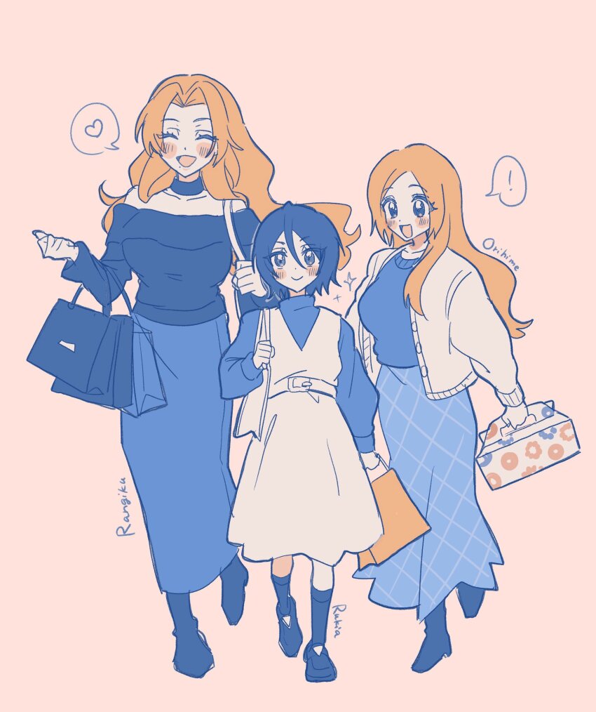 !, 3girls, bag, black_choker, black_hair, black_shoes, bleach, blue_skirt, blue_sweater, blush, breasts, cardigan, character_name, choker, closed_eyes, closed_mouth, dress, full_body, hair_between_eyes, heart, highres, holding, holding_bag, inoue_orihime, kuchiki_rukia, large_breasts, long_hair, matsumoto_rangiku, medium_breasts, multiple_girls, off-shoulder_shirt, off_shoulder, open_mouth, orange_hair, parted_bangs, pink_background, shirt, shoes, shopping_bag, short_hair, skirt, smile, sparkle, spoken_exclamation_mark, spoken_heart, sweater, sweater_under_dress, techimi, turtleneck, turtleneck_sweater, white_cardigan, white_dress