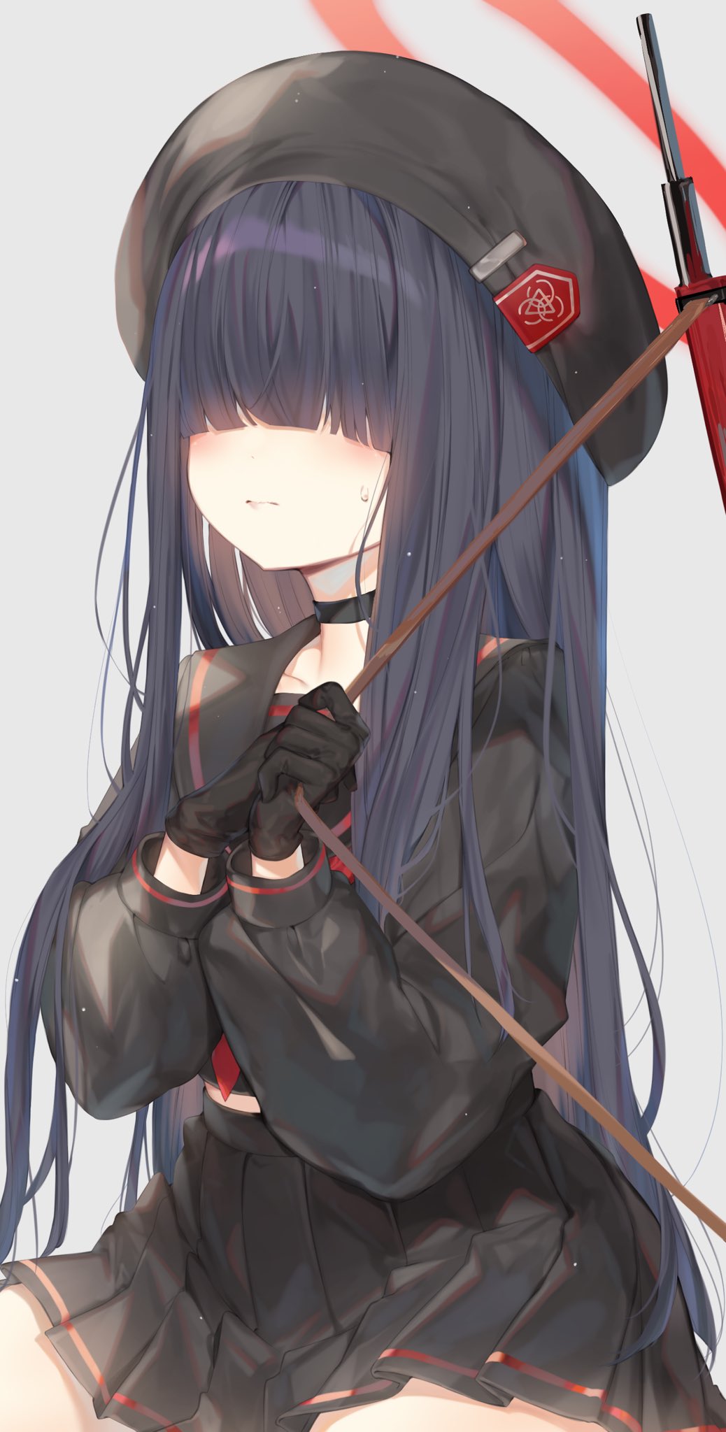 1girl, aimi_(mimi_nii2), beret, black_choker, black_gloves, black_hair, black_hat, black_sailor_collar, black_shirt, black_skirt, blue_archive, blunt_bangs, blush, choker, closed_mouth, collarbone, covered_eyes, cowboy_shot, facing_ahead, gloves, grey_background, hair_over_eyes, halo, hands_up, hashtag-only_commentary, hat, hat_ornament, highres, holding, justice_task_force_member_(blue_archive), light_particles, long_hair, long_sidelocks, long_sleeves, midriff, miniskirt, neckerchief, own_hands_together, pleated_skirt, puffy_long_sleeves, puffy_sleeves, red_halo, red_neckerchief, sailor_collar, school_uniform, shirt, sidelocks, simple_background, sitting, skirt, solo, straight_hair, sweatdrop, very_long_hair