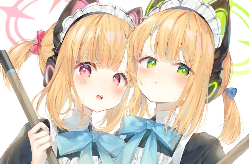 2girls, :<, aimi_(mimi_nii2), animal_ear_headphones, animal_ears, apron, black_dress, blue_archive, blue_bow, blue_bowtie, blush, bow, bowtie, broom, cat_ear_headphones, cat_ears, closed_mouth, collared_dress, contrast_collar, dress, fake_animal_ears, frilled_apron, frills, from_below, green_eyes, green_halo, hair_between_eyes, hair_bow, halo, hand_up, hashtag-only_commentary, headdress, headphones, highres, holding, holding_broom, looking_at_viewer, low_ponytail, maid, maid_apron, maid_headdress, midori_(blue_archive), midori_(maid)_(blue_archive), momoi_(blue_archive), momoi_(maid)_(blue_archive), multiple_girls, official_alternate_costume, open_mouth, orange_hair, pink_bow, pink_eyes, pink_halo, ponytail, siblings, simple_background, sisters, swept_bangs, teeth, tongue, twins, upper_teeth_only, white_apron, white_background, white_headdress