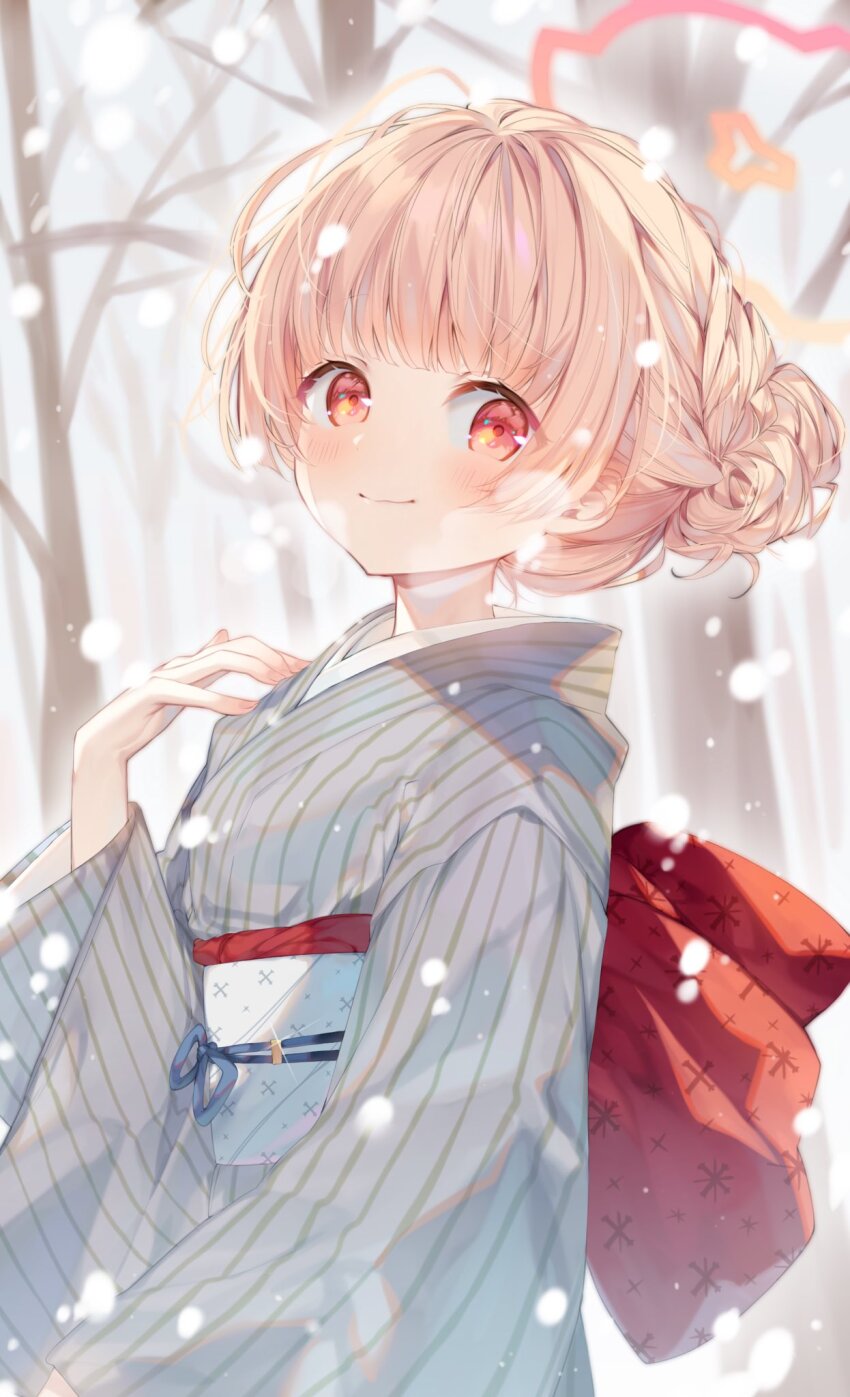 1girl, ahoge, aimi_(mimi_nii2), back_bow, bare_tree, blue_archive, bow, braid