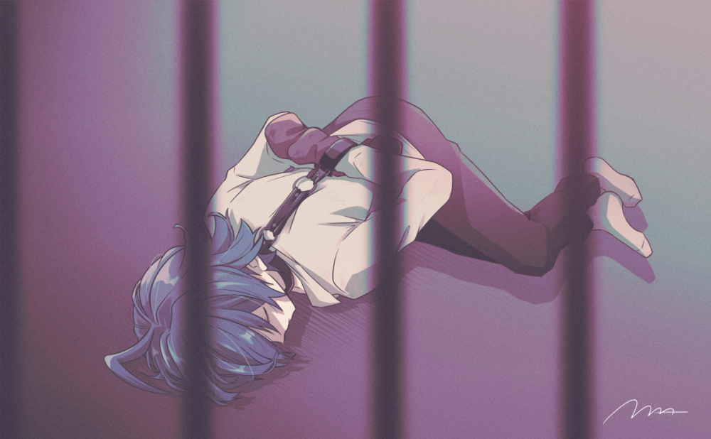 1boy, ahoge, black_pants, blue_hair, bound, bound_wrists, closed_eyes, commentary_request