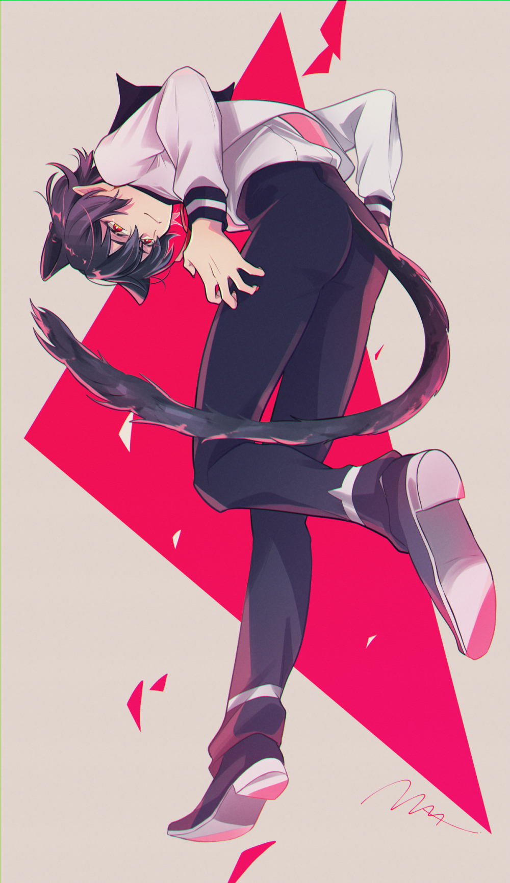 1other, animal_ears, ass, bent_over, black_hair, black_pants, black_shoes, bright_pupils