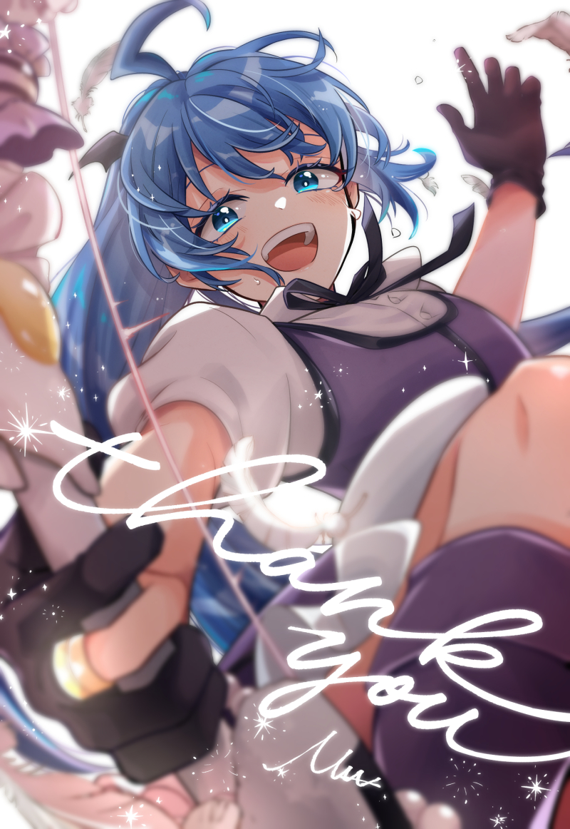 1boy, :d, ahoge, alternate_hair_length, alternate_hairstyle, black_gloves, black_ribbon, blue_eyes, blue_hair, boots, bow_(weapon), collared_shirt, commentary_request, crossdressing, crossdressing_(mtf), feathers, gloves, head_wings, holding, holding_bow_(weapon), holding_weapon, jewelry, long_hair, looking_at_viewer, maa_ohg, mairimashita!_iruma-kun, male_focus, neck_ribbon, open_mouth, ponytail, puffy_short_sleeves, puffy_sleeves, purple_boots, purple_vest, ribbon, ring, shirt, short_sleeves, smile, solo, sparkle, suzuki_iruma, teeth, thank_you, trap, upper_teeth_only, very_long_hair, vest, weapon, white_shirt, wings