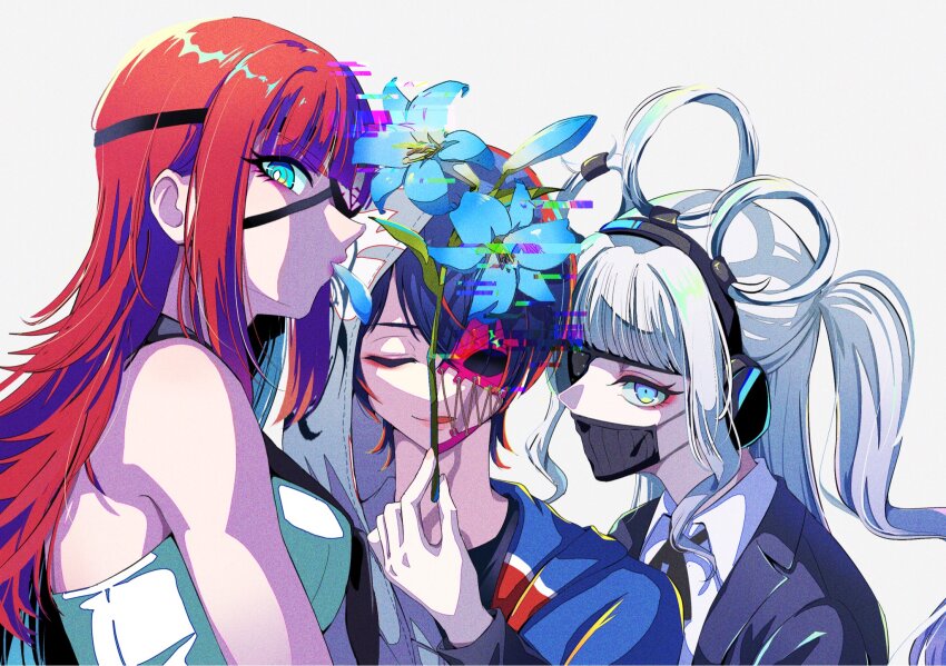 3girls, biohazard_symbol, black_hair, black_jacket, black_shirt, breasts, bright_pupils, chizoku_sawa