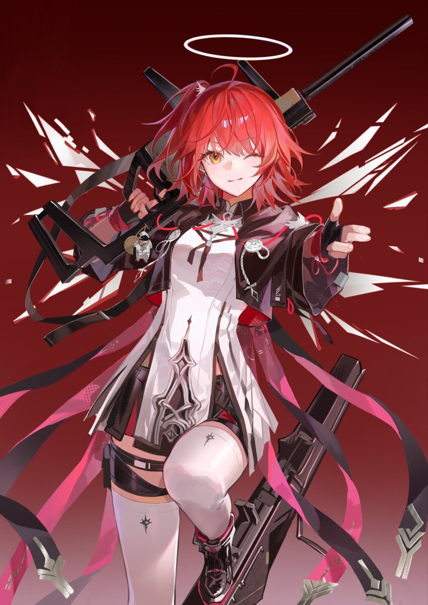 angel_wings, arknights, black_jacket, black_shoes, black_shorts, breasts, detached_wings, energy_wings, exusiai_(arknights), exusiai_the_new_covenant_(arknights), fingerless_gloves, gloves, gun, halo, hannhi_1005, highres, jacket, knee_up, kriss_vector, long_shirt, long_sleeves, looking_at_viewer, medium_breasts, one_eye_closed, orange_eyes, railgun, red_background, red_hair, shirt, shoes, short_hair, shorts, side_ponytail, simple_background, smile, sneakers, solo, submachine_gun, swept_bangs, thigh_strap, thighhighs, weapon, white_halo, white_shirt, white_thighhighs, wings