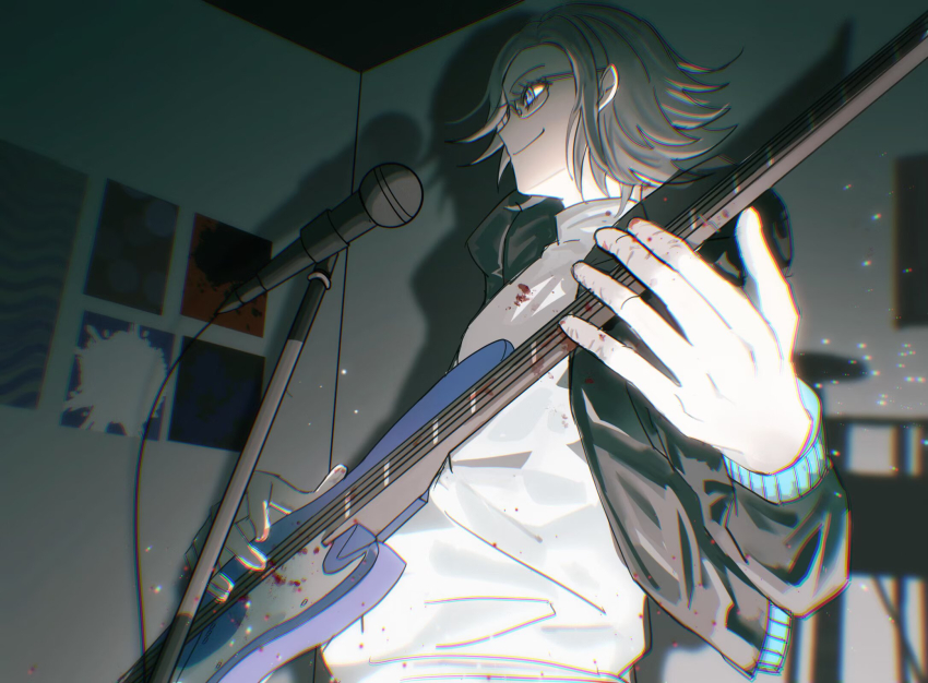 1boy, aotsuki_eito, black_jacket, blood, blue_eyes, commentary, from_side, glasses