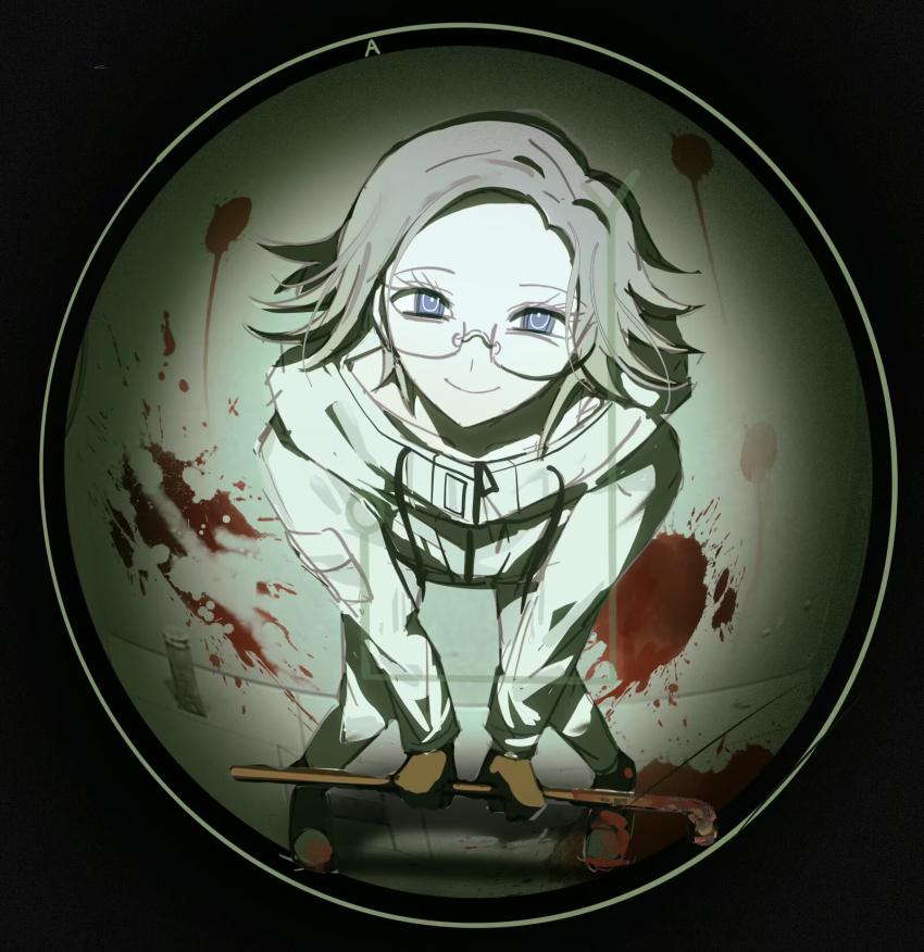 1boy, aotsuki_eito, black_gloves, black_shoes, blood, blood_splatter, bright_pupils, commentary, glasses, gloves, grey_hair, highres, holding, holding_lead_pipe, jacket, lead_pipe, light_smile, looking_at_viewer, male_focus, pants, purple_eyes, ringed_eyes, shoes, short_hair, solo, spoilers, standing, susushu666, the_hundred_line_-last_defense_academy-, white_jacket, white_pants, white_pupils