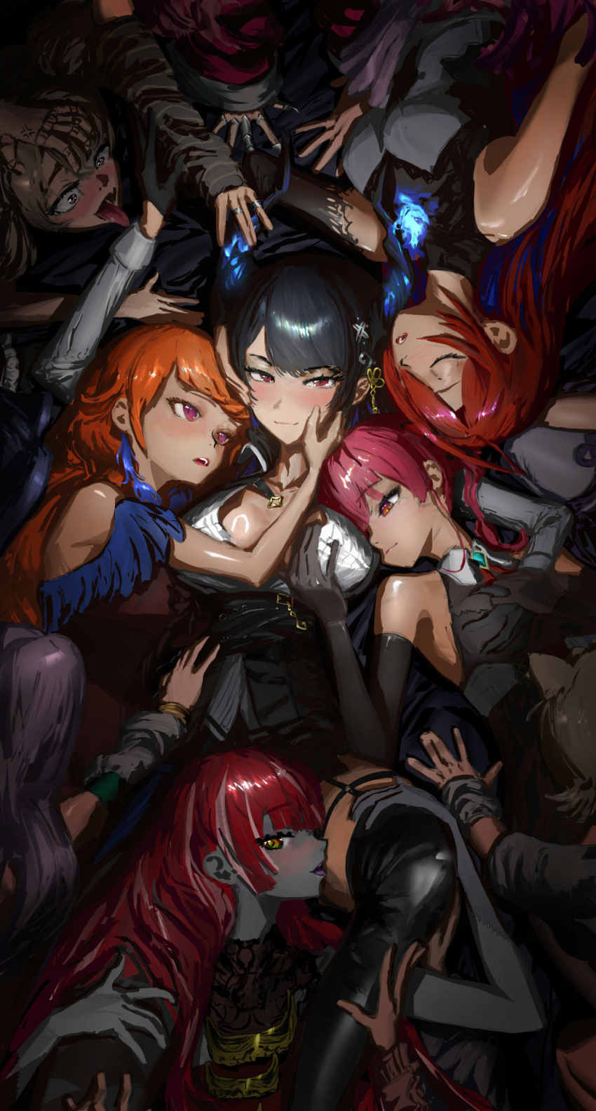 6+girls, animal_ears, arm_up, asymmetrical_horns, ayunda_risu, ayunda_risu_(1st_costume), between_legs, black_gloves, black_hair, blonde_hair, blue_fire, blue_hair, blush, breasts, cecilia_immergreen, closed_eyes, closed_mouth, colored_inner_hair, colored_skin, commentary, demon_horns, dog_ears, dog_girl, elbow_gloves, elizabeth_rose_bloodflame, elizabeth_rose_bloodflame_(1st_costume), english_commentary, fang, fire, fire_on_chest, gigi_murin, gloves, grabbing_another's_breast, grey_gloves, grey_skin, groping, hair_ornament, hand_on_another's_face, harem, highres, holding_another's_legs, hololive, hololive_english, hololive_indonesia, horns, houshou_marine, houshou_marine_(1st_costume), irys_(hololive), irys_(irys_2.0)_(hololive), jewelry, kureiji_ollie, kureiji_ollie_(indonesian_dress), large_breasts, light_smile, long_hair, looking_at_viewer, lying, mococo_abyssgard, moona_hoshinova, moona_hoshinova_(1st_costume), multicolored_hair, multiple_girls, multiple_rings, nerissa_ravencroft, nerissa_ravencroft_(1st_costume), ninomae_ina'nis, orange_hair, ouro_kronii, pavolia_reine, pavolia_reine_(1st_costume), pink_hair, raora_panthera, red_eyes, red_hair, ribbed_shirt, ring, shiori_novella, shiori_novella_(1st_costume), shirt, skin_fang, takanashi_kiara, takanashi_kiara_(party_dress), tassel, tassel_hair_ornament, tongue, tongue_out, uneven_horns, upside-down, virtual_youtuber, white_shirt, yokasparetime, yuri, zombie