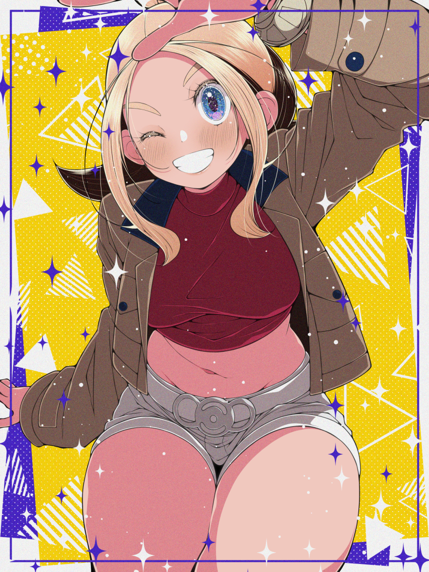 1girl, arm_up, belt, blonde_hair, blue_eyes, blush, breasts, brown_jacket