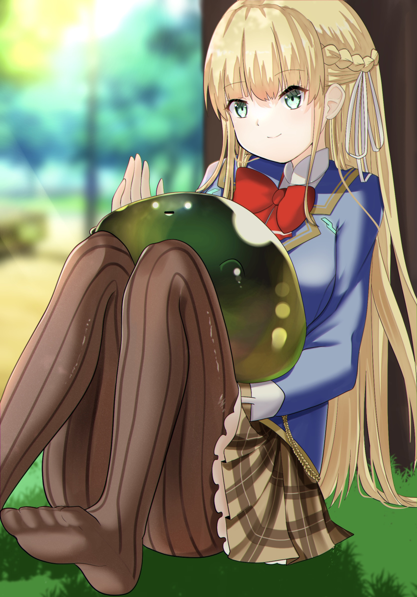 1girl, against_tree, blonde_hair, blue_jacket, bow, bowtie, braid, breasts, brown_pantyhose, brown_skirt, closed_mouth, collared_shirt, day, feet, grass, green_eyes, hair_ribbon, heaven_burns_red, highres, jacket, knees_up, long_hair, long_sleeves, narby_(heaven_burns_red), no_shoes, on_ground, outdoors, pantyhose, plaid_clothes, plaid_skirt, pleated_skirt, red_bow, red_bowtie, ribbon, school_uniform, shirt, sidelocks, sitting, skirt, smile, solo, striped_clothes, striped_pantyhose, t_kutkut, toujou_tsukasa, tree, vertical-striped_clothes, vertical-striped_pantyhose, very_long_hair, white_ribbon, white_shirt