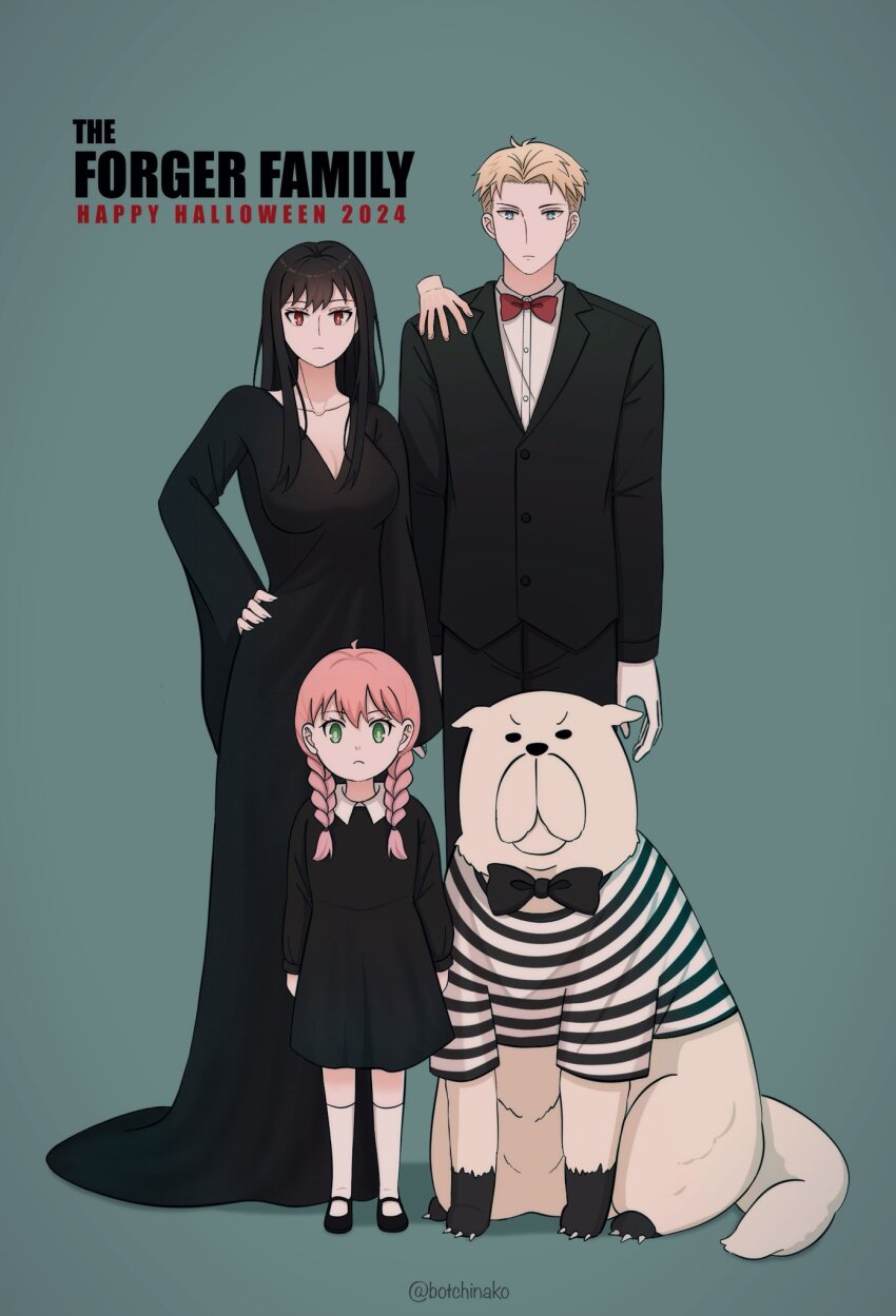 1boy, 2girls, ahoge, anya_(spy_x_family), black_bow, black_bowtie, black_dress, black_hair