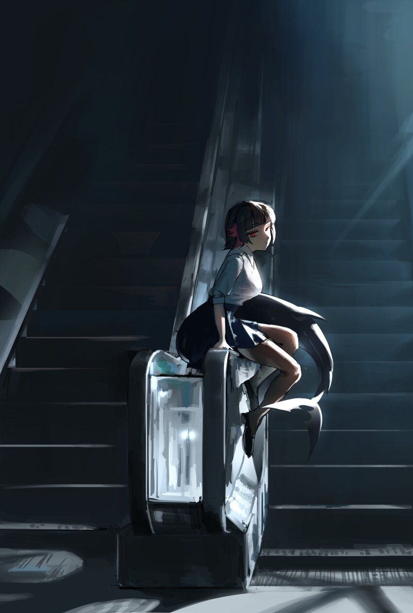 1girl, 2bmm2, absurdres, black_hair, black_pantyhose, black_shoes, blue_skirt, blunt_bangs