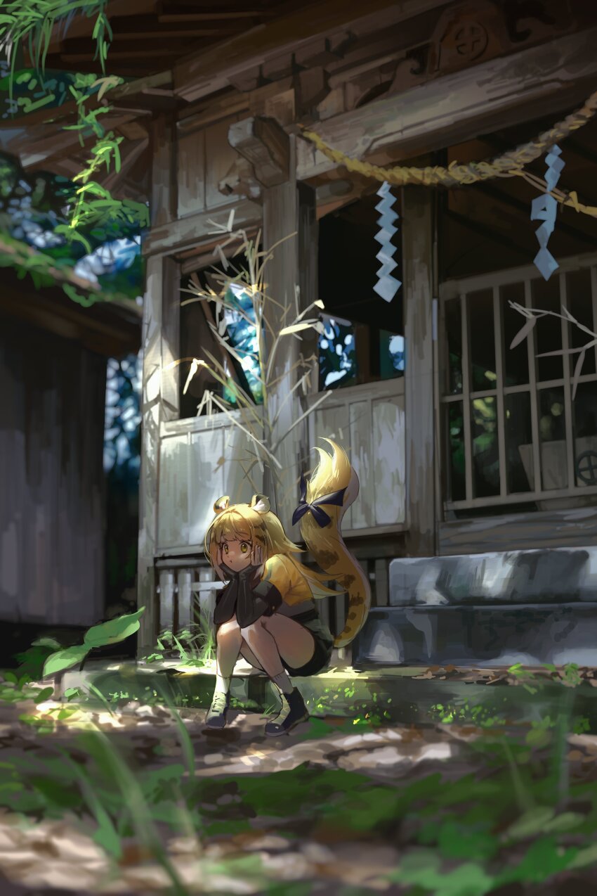 1girl, 2bmm2, absurdres, animal_ears, black_bow, black_shoes, black_shorts, black_sleeves