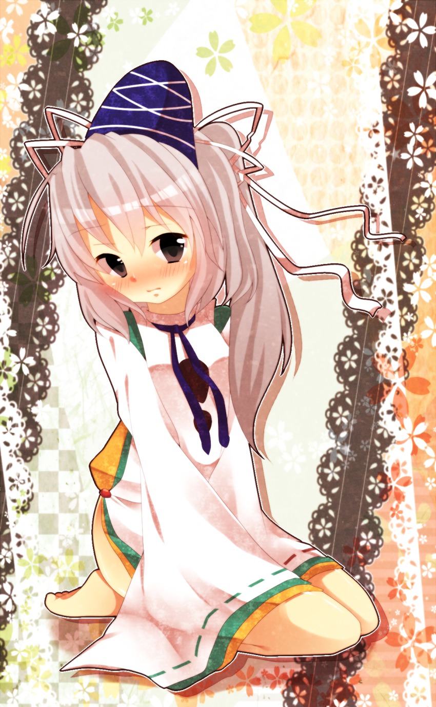 1girl, barefoot, black_eyes, blush, bottomless, brown_eyes, female_focus, hat