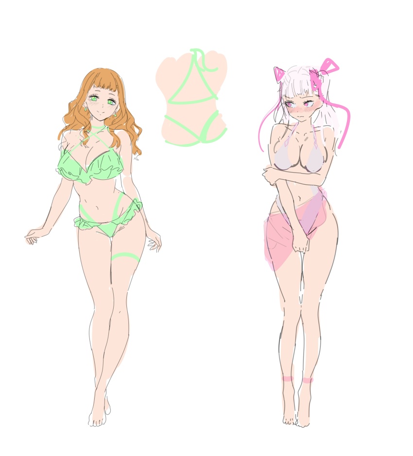 2girls, absurdres, bikini, black_clover, breasts, cleavage, earrings, green_eyes, grey_hair, highres, jewelry, large_breasts, long_hair, mimosa_vermillion, mitanaartworks, multiple_girls, navel, noelle_silva, orange_hair, purple_eyes, swimsuit, twintails