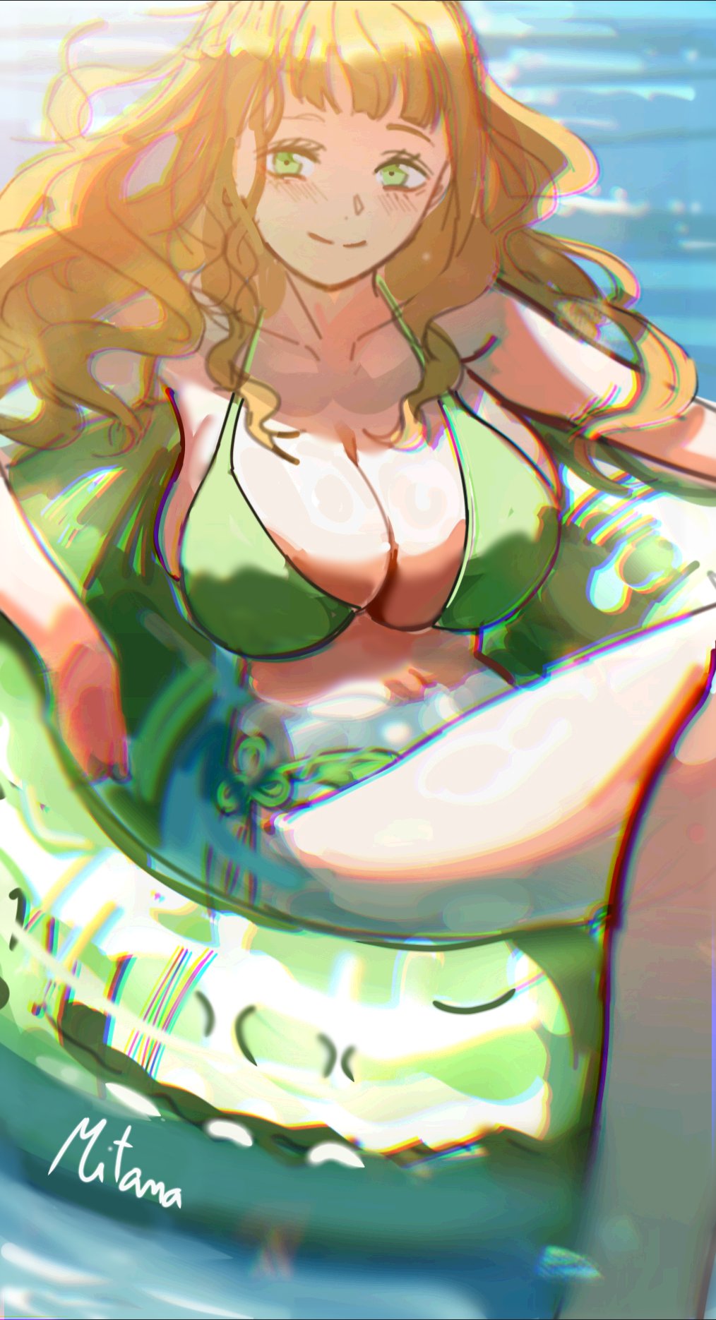 1girl, bikini, black_clover, breasts, cleavage, green_bikini, highres, innertube