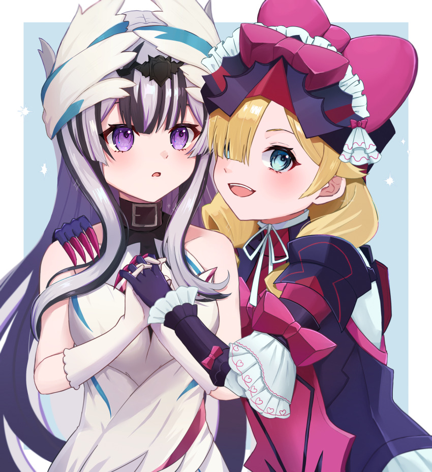 2girls, :d, absurdres, armor, belt_collar, black_collar, black_hair, blonde_hair