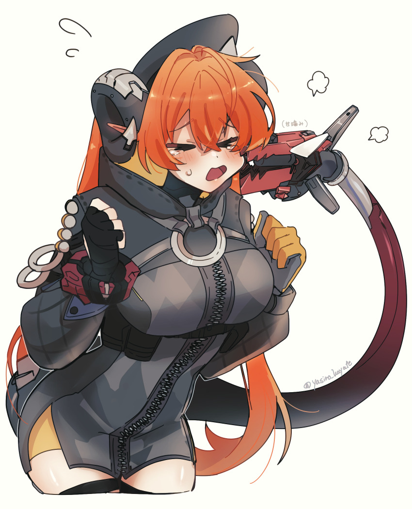 >_<, 1girl, asymmetrical_gloves, biting, biting_cheek, black_gloves, black_hat, breasts