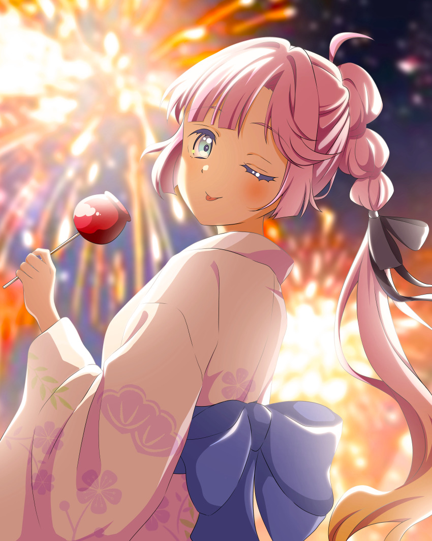 1girl, ;), ;p, absurdres, aerial_fireworks, ahoge, anyoji_hime, anyoji_hime_(hokkoku_hanabi), blonde_hair, blue_eyes, blue_sash, blunt_sidelocks, blush, candy_apple, closed_mouth, commentary_request, fireworks, food, gradient_hair, hair_intakes, highres, holding, holding_candy_apple, holding_food, japanese_clothes, kimono, kujo_awenn, link!_like!_love_live!, long_hair, long_sleeves, looking_at_viewer, looking_back, love_live!, multi-tied_hair, multicolored_hair, night, obi, one_eye_closed, pink_hair, pink_kimono, ponytail, sash, sidelocks, sky, smile, solo, summer_festival, tongue, tongue_out, yukata
