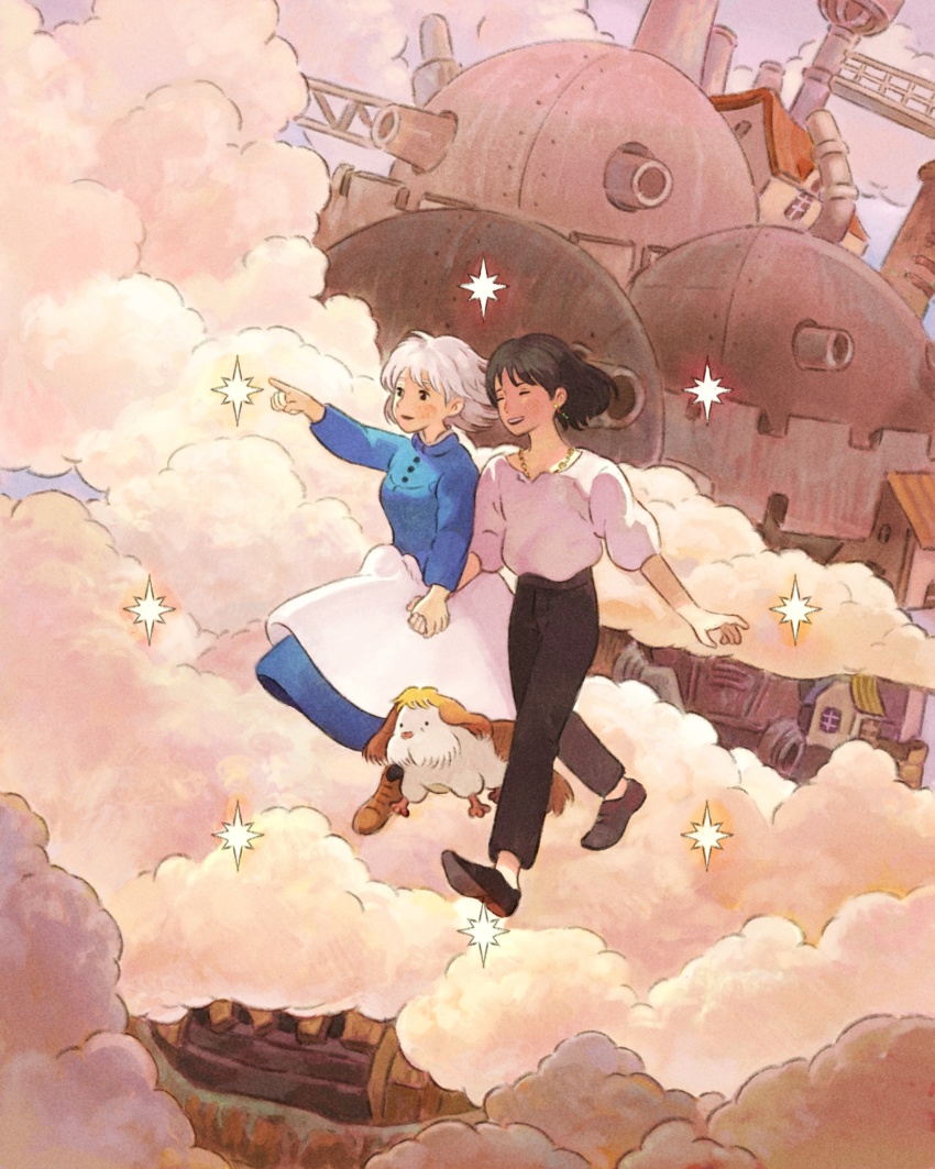 1boy, 1girl, black_hair, black_pants, blue_dress, cannon, dog, dome