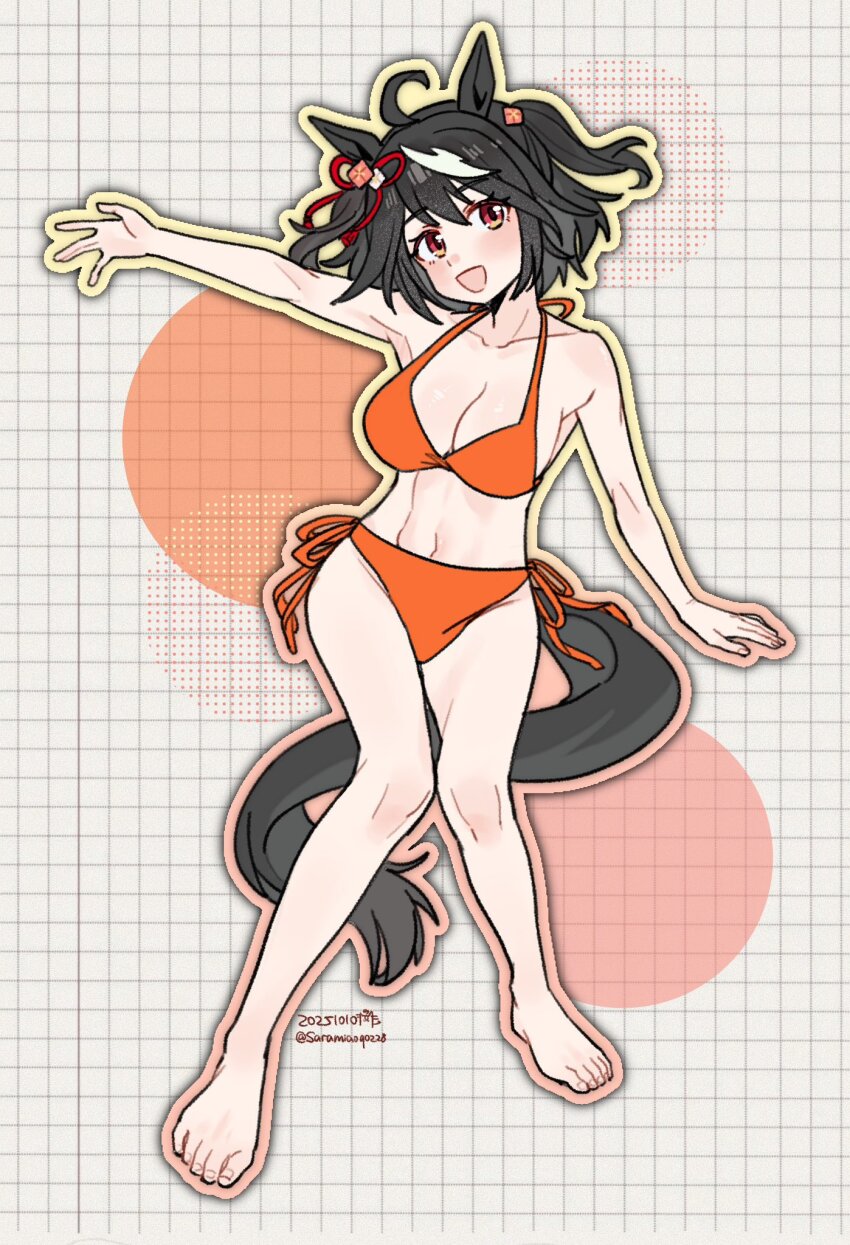 1girl, ahoge, alternate_costume, animal_ears, armpits, barefoot, black_hair, breasts