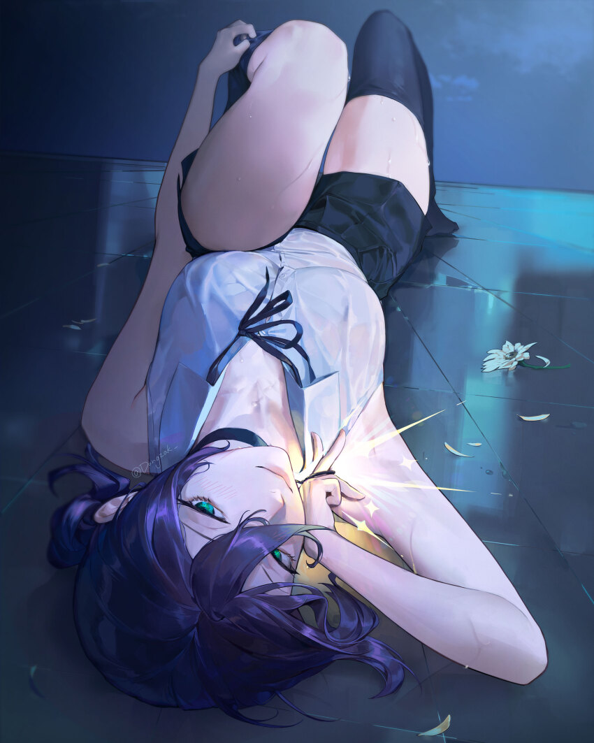 1girl, absurdres, black_choker, black_ribbon, black_skirt, black_thighhighs, blush, chainsaw_man, choker, closed_mouth, collared_shirt, commentary, dongzak_o0, flower, green_eyes, hair_between_eyes, highres, knee_up, looking_at_viewer, lying, neck_ribbon, on_back, on_floor, partially_undressed, petals, pull_cord, purple_hair, reze_(chainsaw_man), ribbon, shirt, skirt, sleeveless, sleeveless_shirt, solo, sweat, thighhighs, twitter_username, upside-down, white_flower, white_shirt