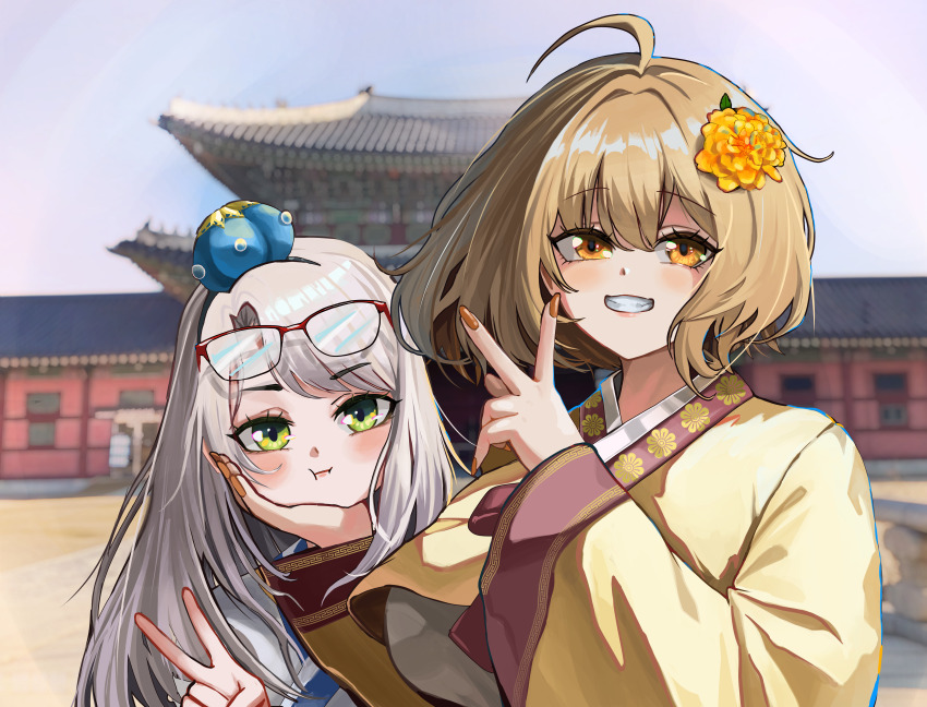 2girls, :d, :t, absurdres, ahoge, anis_(nikke), brown_hair, closed_mouth, dori_(dori_happy5959), double_v, eyewear_on_head, flower, glasses, goddess_of_victory:_nikke, green_eyes, grey_hair, grin, hair_flower, hair_ornament, hanbok, highres, korean_clothes, long_hair, looking_at_viewer, multiple_girls, nail_polish, neon_(nikke), open_mouth, orange_nails, outdoors, pout, short_hair, smile, v, yellow_eyes, yellow_flower, yellow_hanbok
