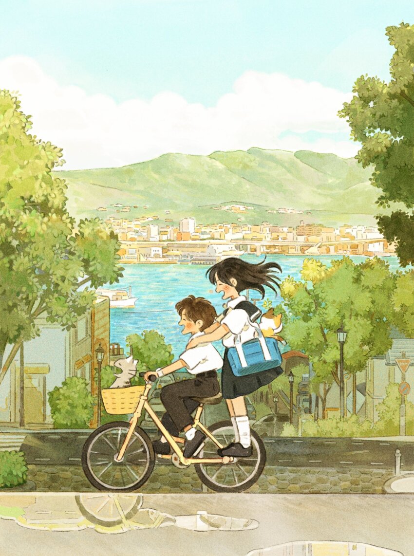 1boy, 1girl, black_hair, blue_sky, brown_hair, building, cat, city