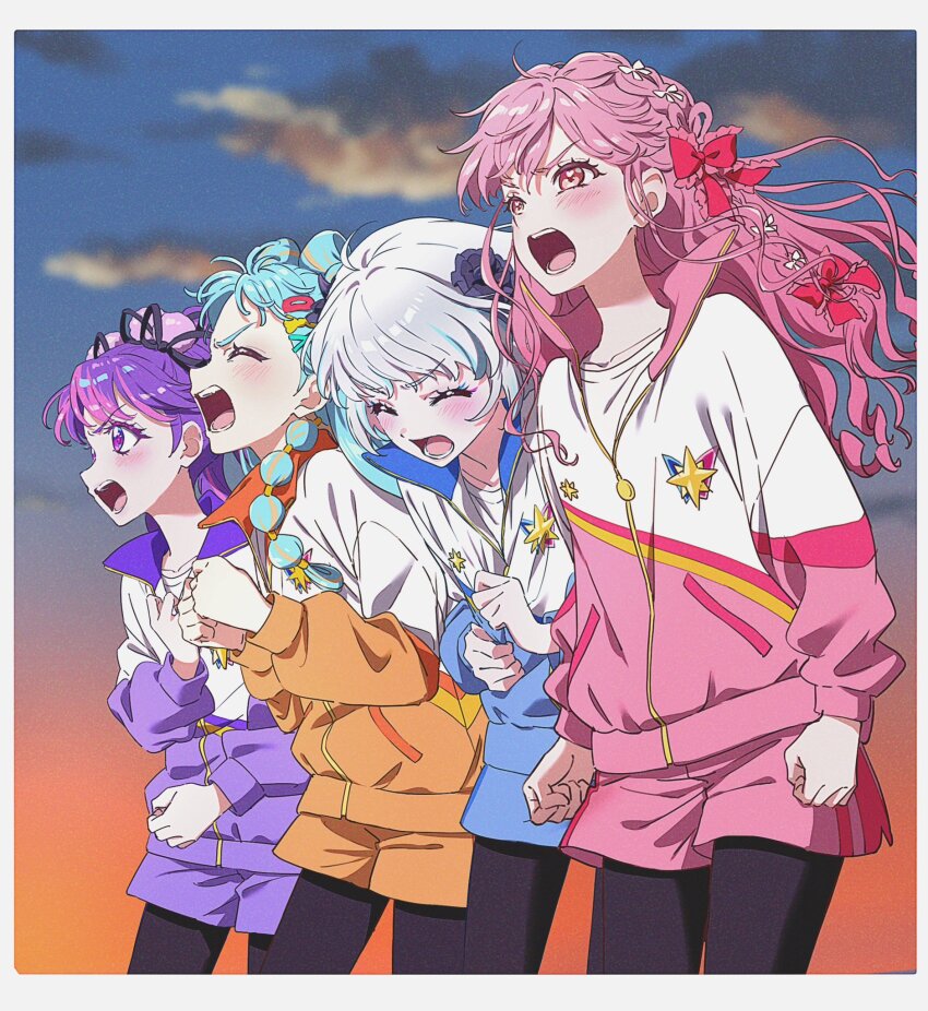 4girls, aikatsu!_(series), aikatsu_academy!, arms_at_sides, black_leggings, black_ribbon, blue_hair, blue_jacket