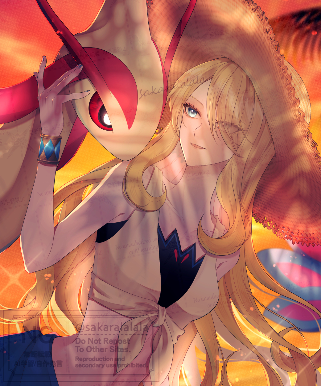 1girl, bikini, bikini_under_clothes, blue_eyes, blue_sarong, bracelet, breasts, collarbone