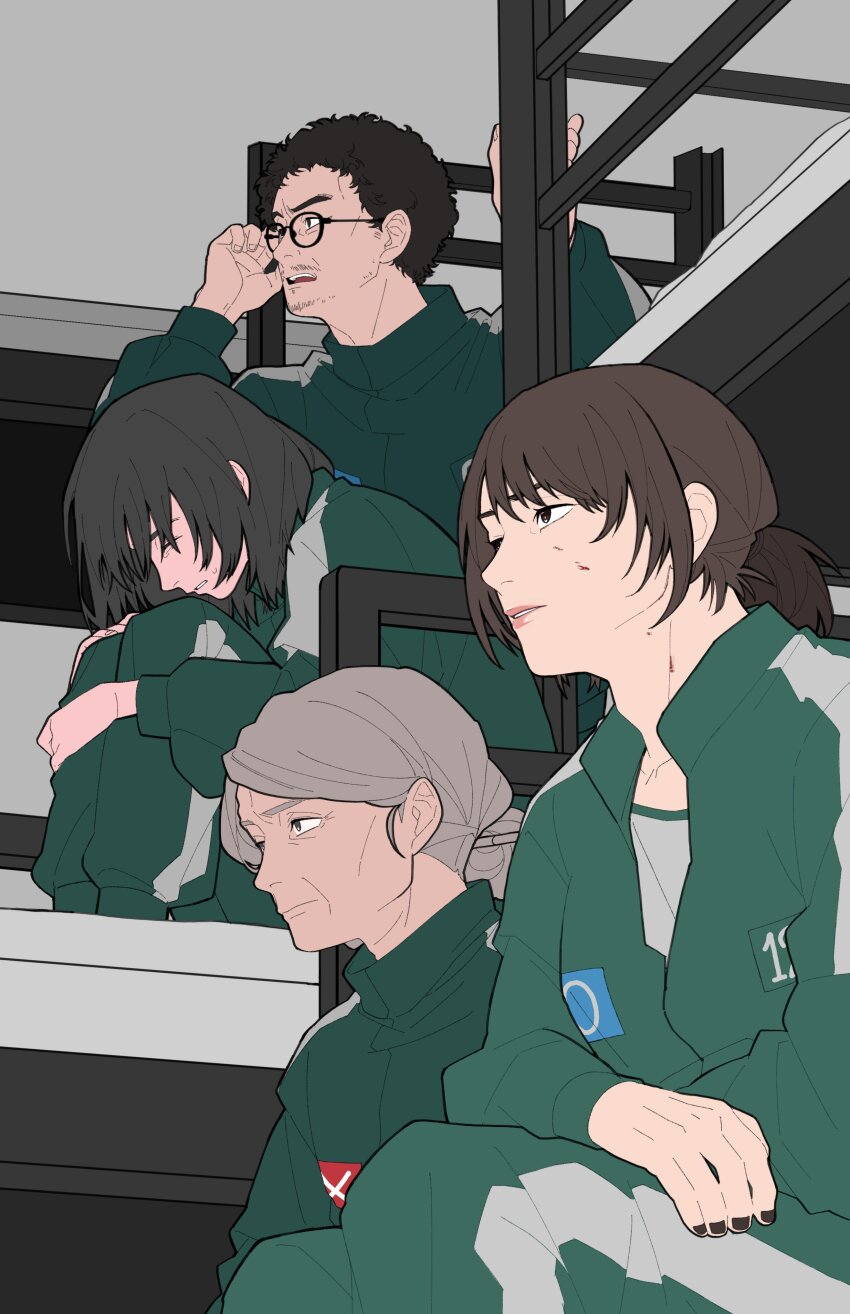 1boy, 3girls, ^_^, absurdres, bed, black-framed_eyewear, black_eyes, black_hair